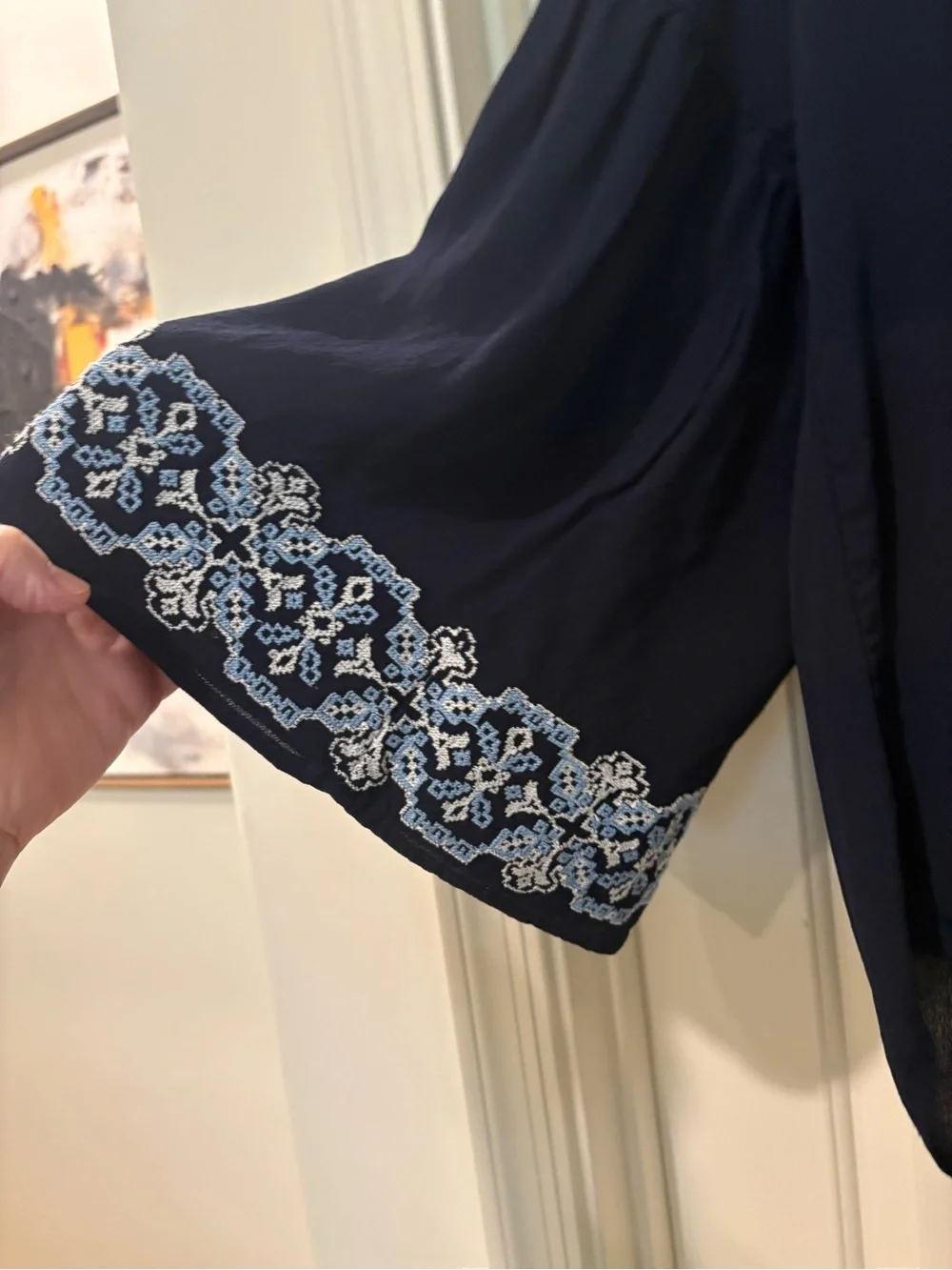 Karen Kane Navy Peasant Blouse with Light Blue Embroidery